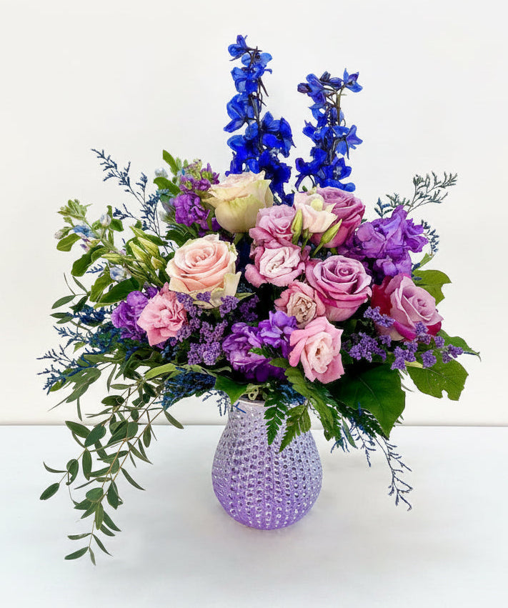 Soft blue and white comfort bouquet delivered in Dallas