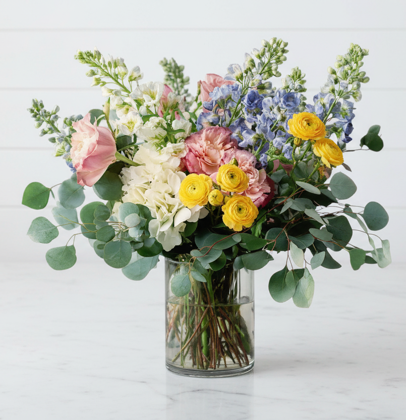 Spring mix in tall vase