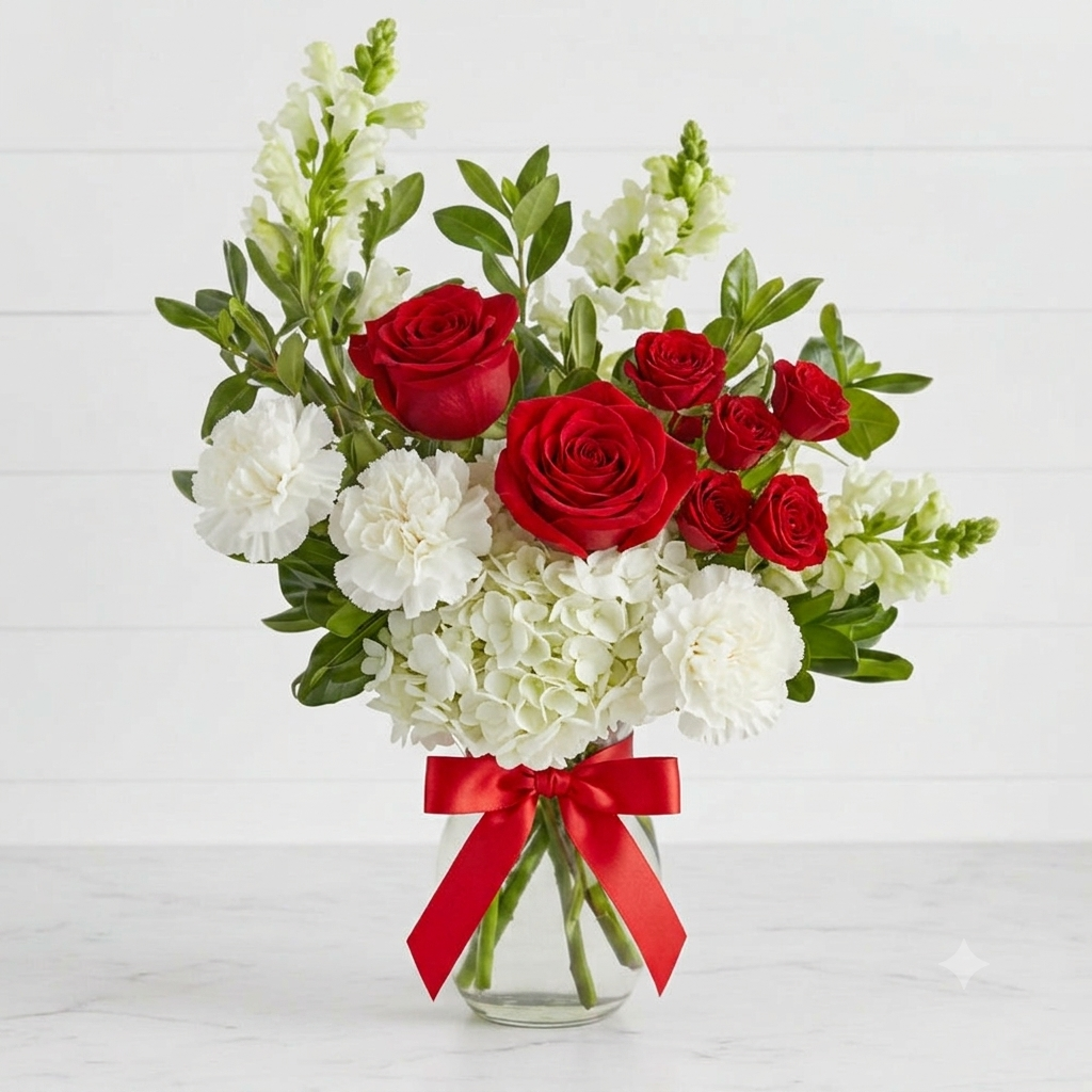 A floral bouquet in a clear glass vase featuring red roses, white carnations, and white snapdragons with green foliage, tied with a red ribbon, set against a white paneled background.