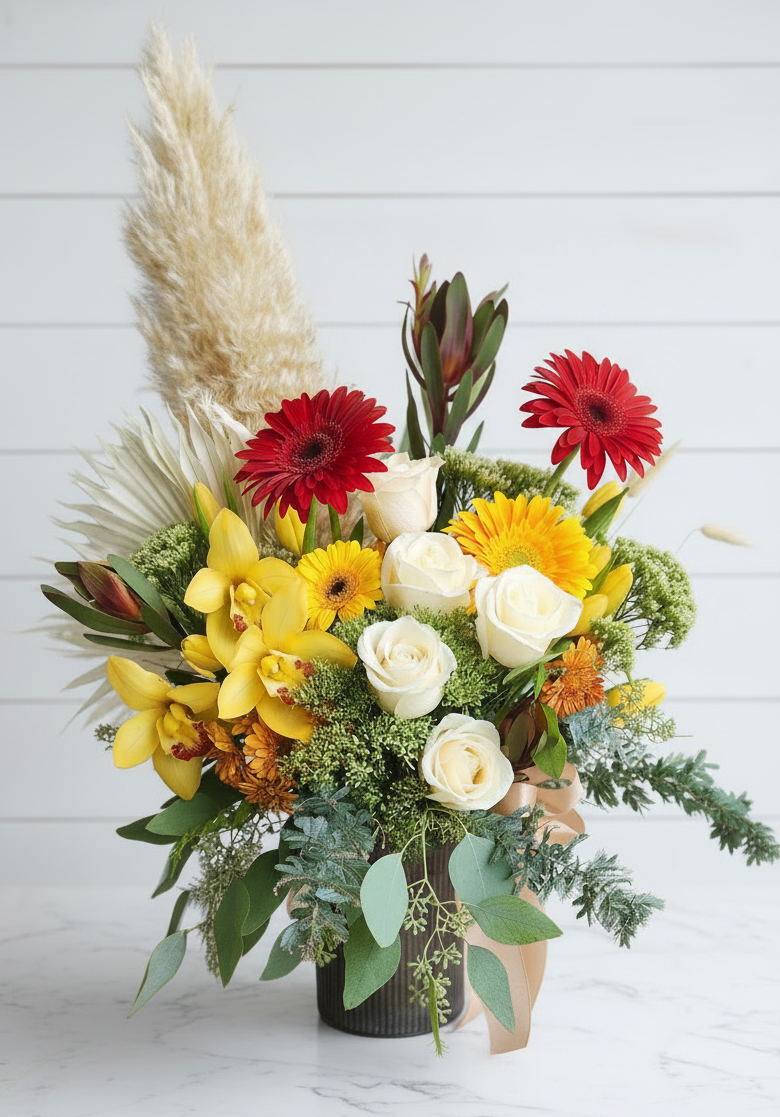 Bouquet of flowers with yellow and white flowers against a pink background