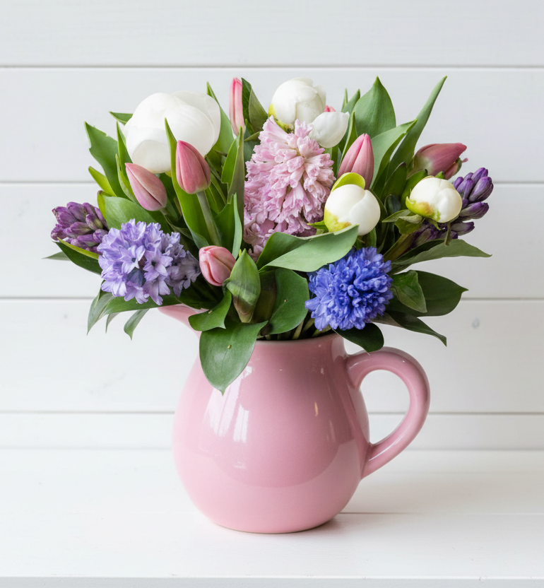 Pink mug vase filled with a bouquet of flowers on a white wooden surface