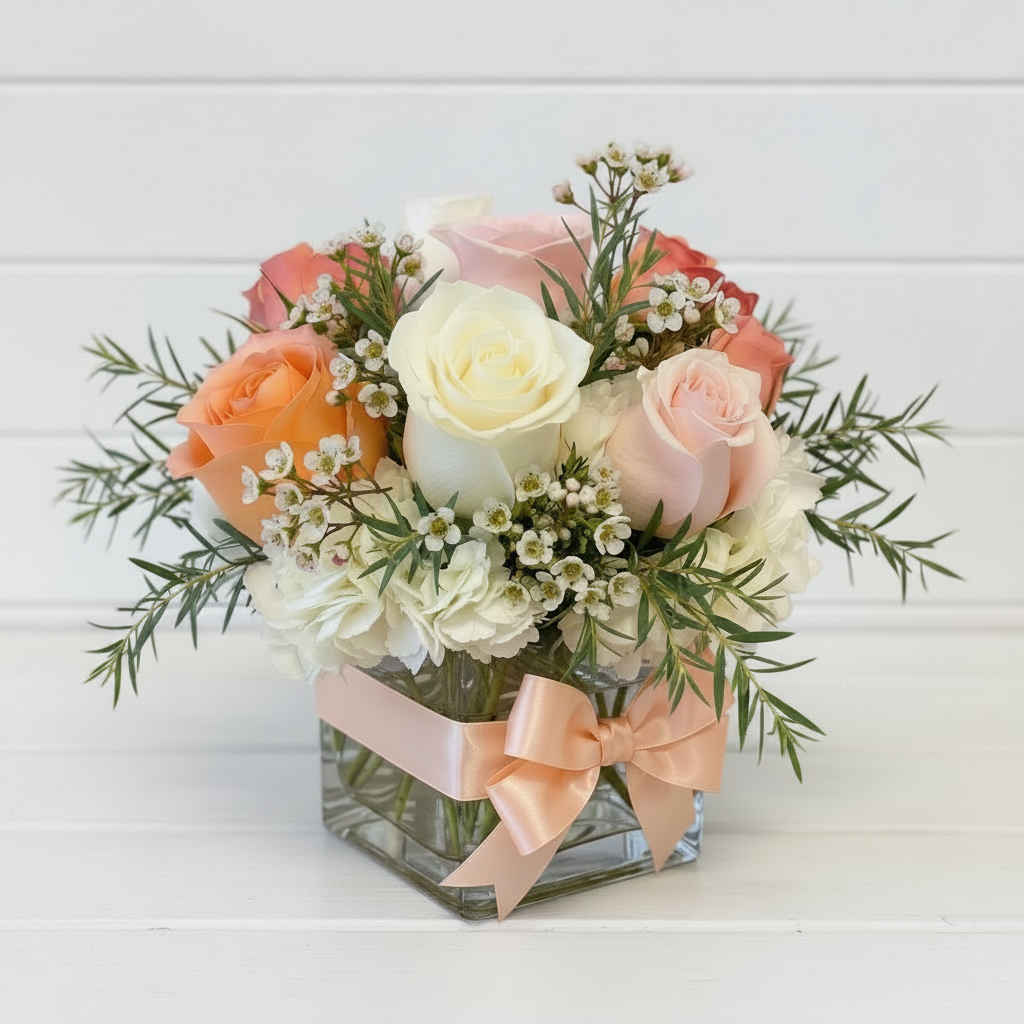A square glass vase filled with a pastel floral arrangement featuring white and pink roses, peach carnations, green foliage, and small white baby's breath, tied with a peach satin ribbon on a wooden surface against a light gray wall.
