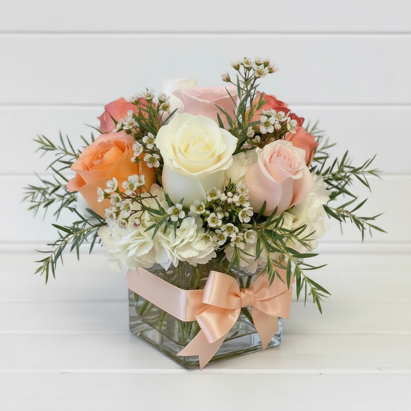 A square glass vase filled with a pastel floral arrangement featuring white and pink roses, peach carnations, green foliage, and small white baby's breath, tied with a peach satin ribbon on a wooden surface against a light gray wall.