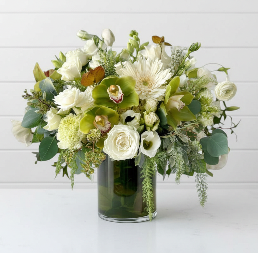 Floral arrangement with green and white flowers in a clear vase on a white background