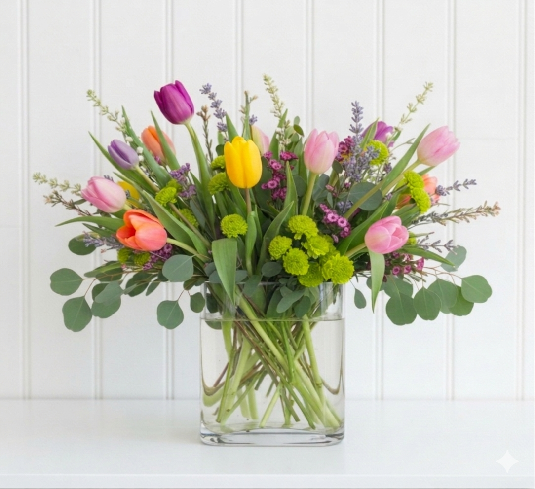 Colorful bouquet of tulips in a clear vase against a white background