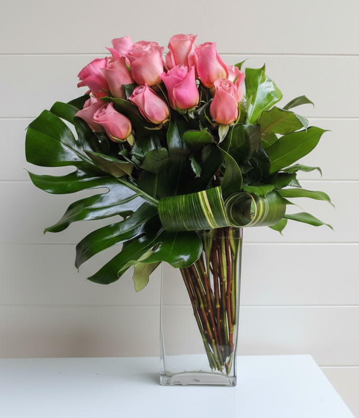 Modern dozen pink roses vase.