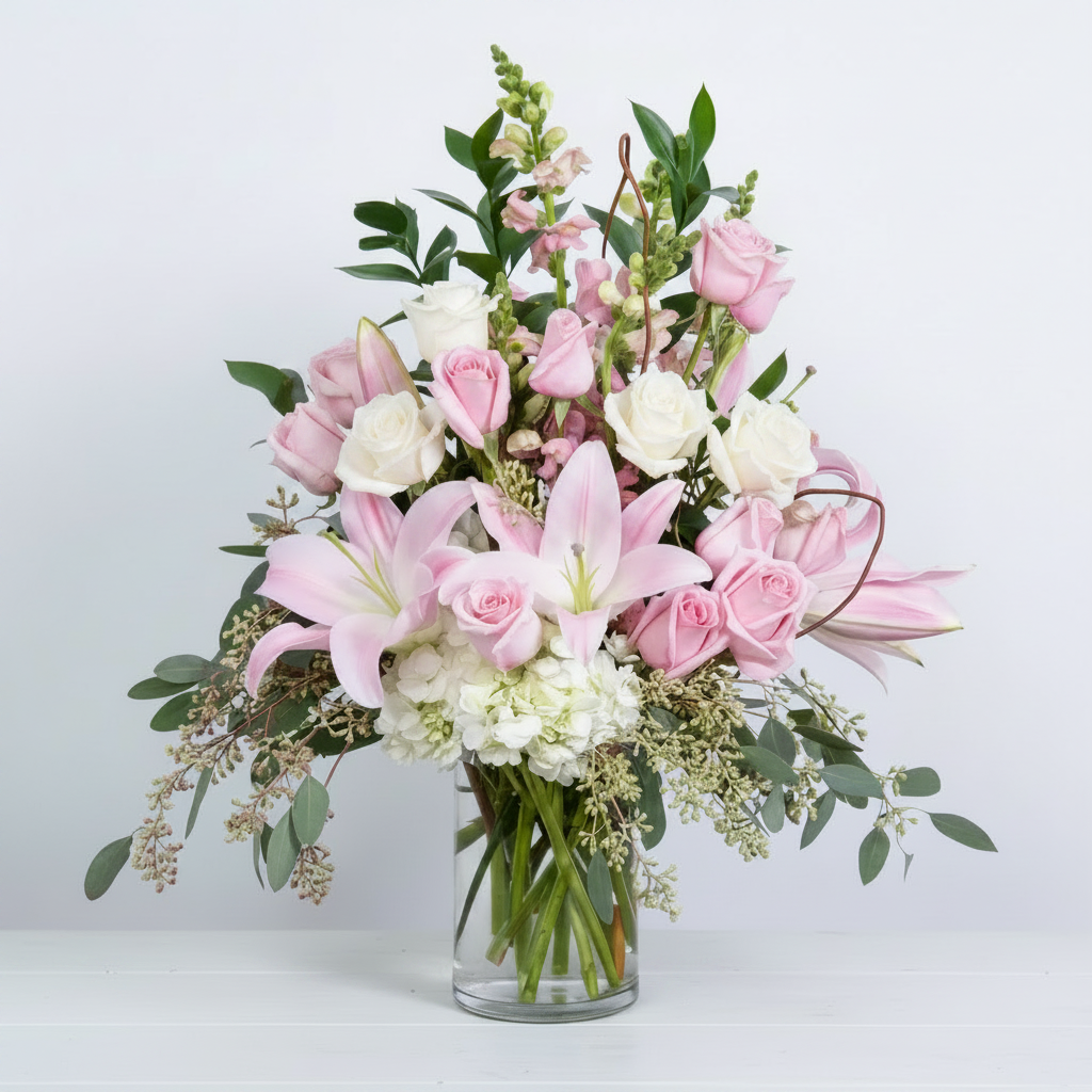 Bouquet of pink and white flowers in a clear vase on a light blue background