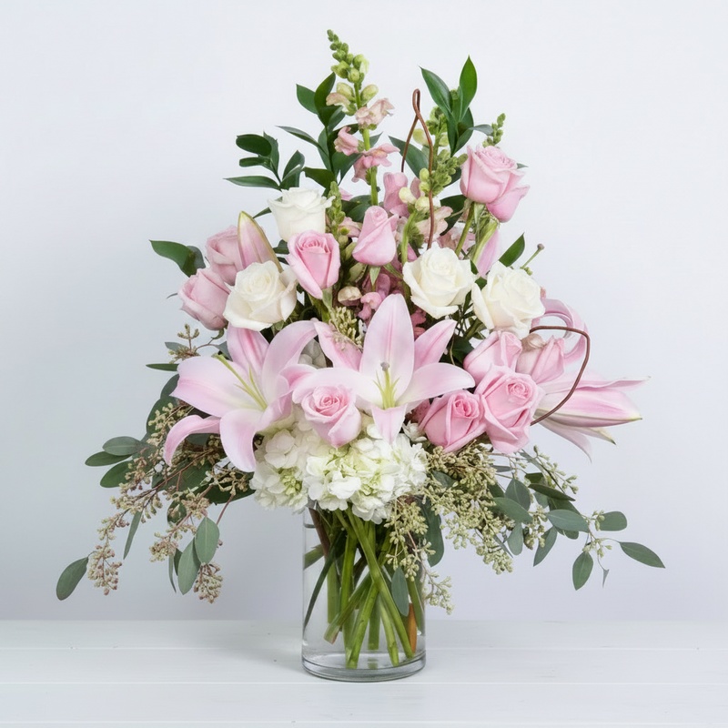 Bouquet of pink and white flowers in a clear vase on a light blue background