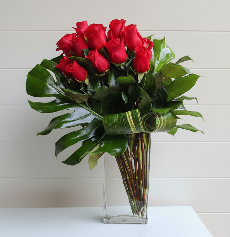 Modern dozen red roses vase